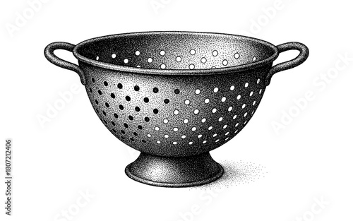 Vintage black and white colander with handles in stipple style