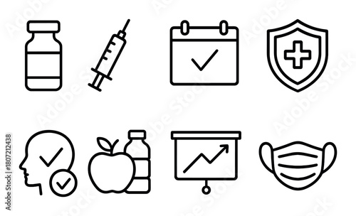 Healthcare icons: vaccine, schedule, immunity shield, health, analysis, mask