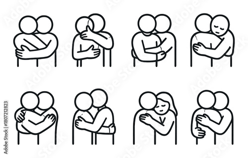 Simple stick figure couples displaying various hugging styles