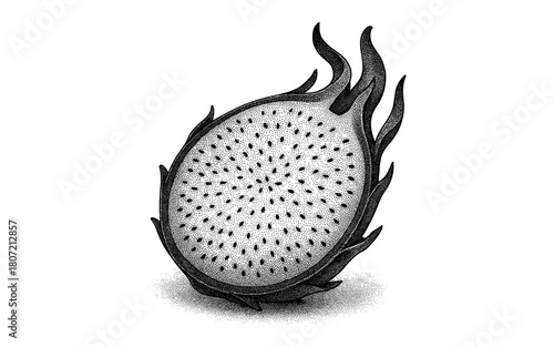 Halftone dragon fruit illustration with intricate details and unique shape