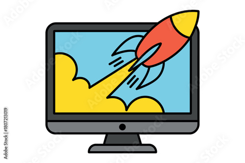 A rocket launching from a computer screen represents the concept of rapid growth and innovation.