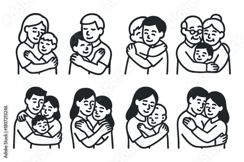 Diverse family hugging icons set featuring various races and ages