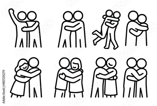 Various stick figure hugs and embraces illustration