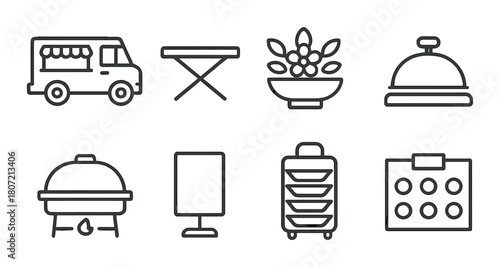 Catering equipment icons collection: truck, table, fruits, cloche, grill, sign, trolley, oven