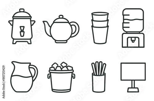 Monochrome beverage icons: teapot, dispenser, cups, jug, ice bucket, straws, water cooler