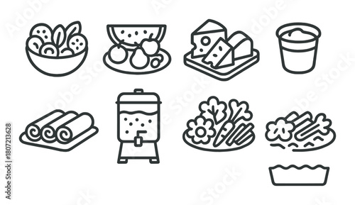 Black and white food icons with various dishes and drinks