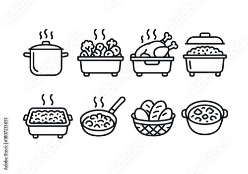 Collection of cooking icons featuring pots, pans, vegetables, and bread in line art style