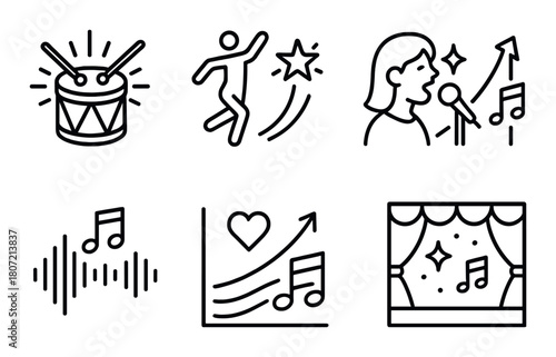 Musical performance icons: drum, dance, singing, soundwaves, heartbeat, stage