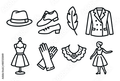 Vintage fashion icons - hat, shoes, feather, suit, dress, gloves, necklace, mannequin