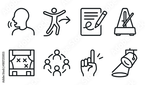 Icon set: communication, writing, music, strategy, teamwork, direction, leadership, spotlight
