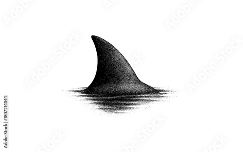 Vintage stipple shark fin rising from ocean surface in detailed style