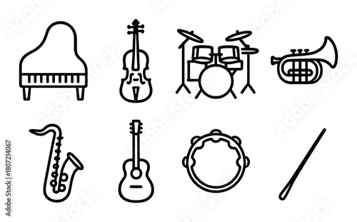 Silhouette icons of musical instruments: piano, violin, drums, trumpet, saxophone, guitar, tambourine, stick