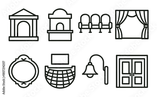 Collection of theater and cinema icons featuring stage and architectural elements