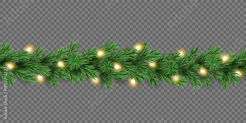 Holiday pine tree seamless garland with glowing Christmas lights isolated on a transparent background. Vector realistic pine tree branches with light bulbs for winter decoration banner, poster, greeti