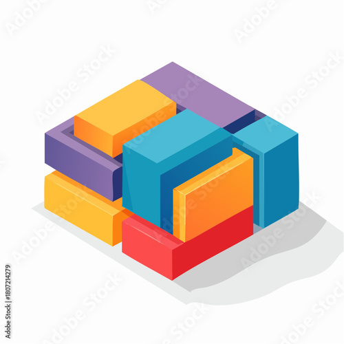 A modern abstract composition of colorful interlocking geometric blocks in an isometric perspective, representing concepts of construction, organization, and puzzle solving