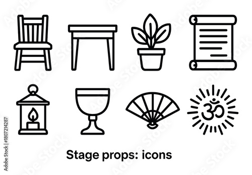 Stage props icons: chair, table, plant, scroll, lantern, goblet, fan, om symbol