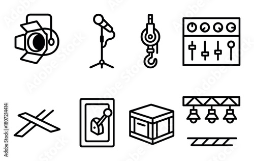 Stage equipment icons: lighting, sound, technological tools for events