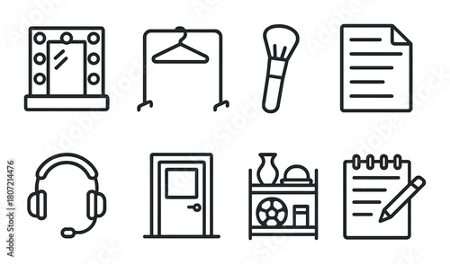 Theater dressing room icons: mirror, costume rack, makeup, script, headset, door, props, notes