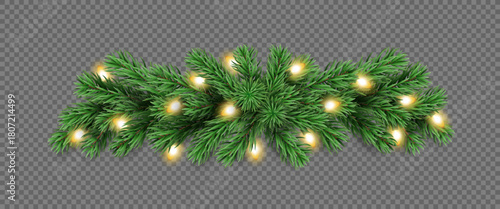 Holiday pine tree garland with glowing Christmas lights isolated on a transparent background. Vector realistic pine tree branches with light bulbs for winter decoration banner, poster, greeting card.