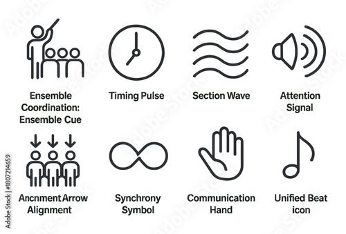 Music ensemble icons: coordination, timing, symbols, and signals for performing arts