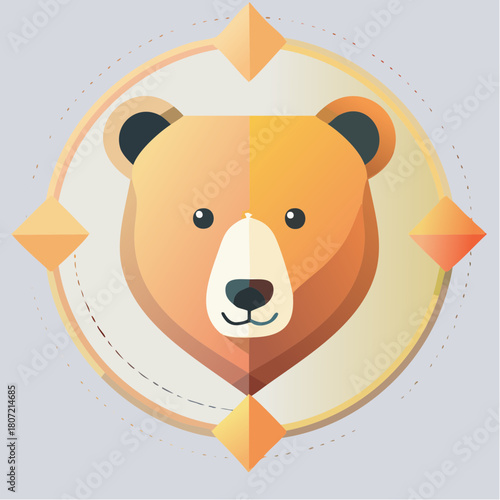 Stylized geometric bear head illustration with a friendly expression, framed by a circular design and compass points, symbolizing strength, nature, and guidance