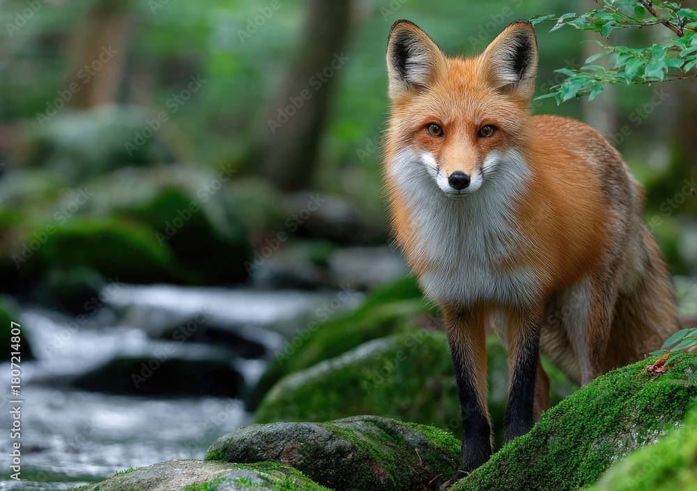 Naklejka premium a fox standing on mossy rocks in the forest