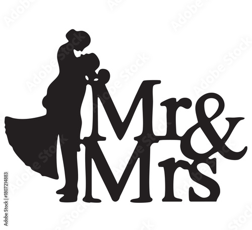 Mr & Mrs Wedding Silhouette Vector — Romantic Couple Lift Pose Integrated with Elegant Text for Marriage Celebration