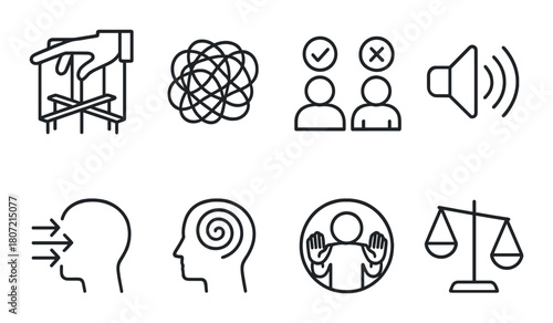 Abstract icons symbolizing communication, decision-making, balance and emotion