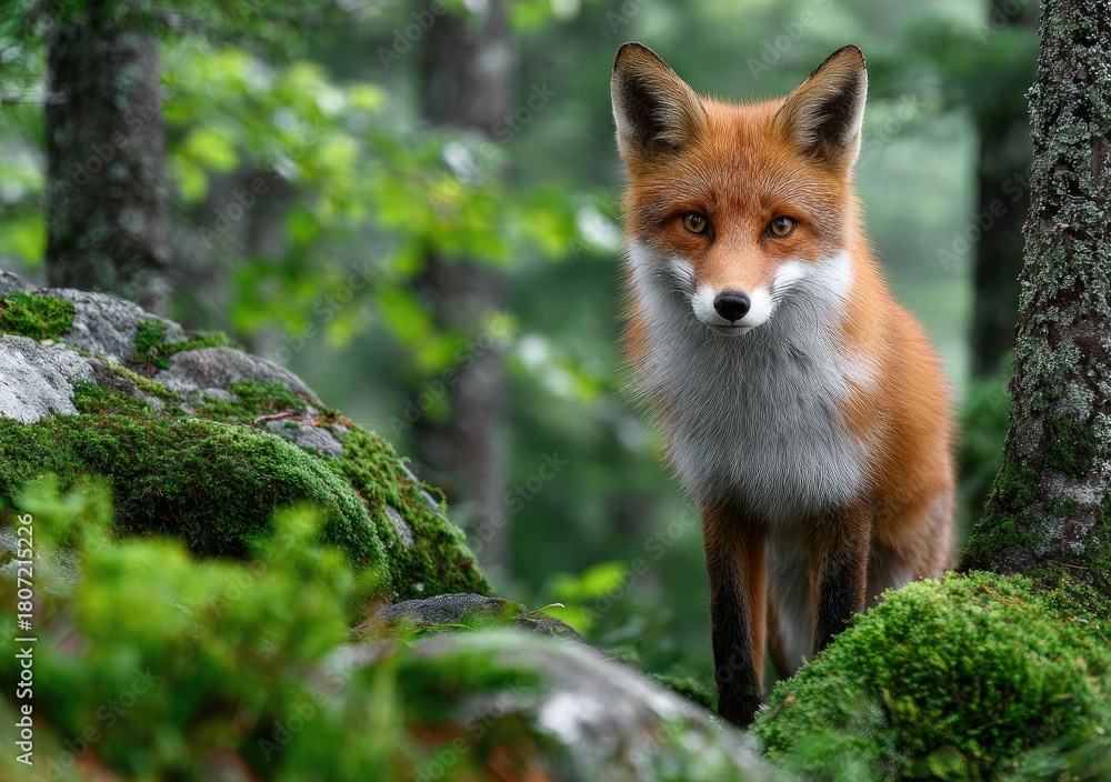 Naklejka premium a fox standing on mossy rocks in the forest