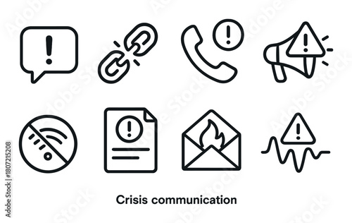 Crisis communication icons: alerts, communication, and connectivity symbols