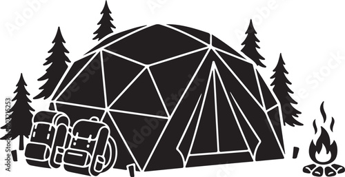 black silhouette of camping tent on white background, vector