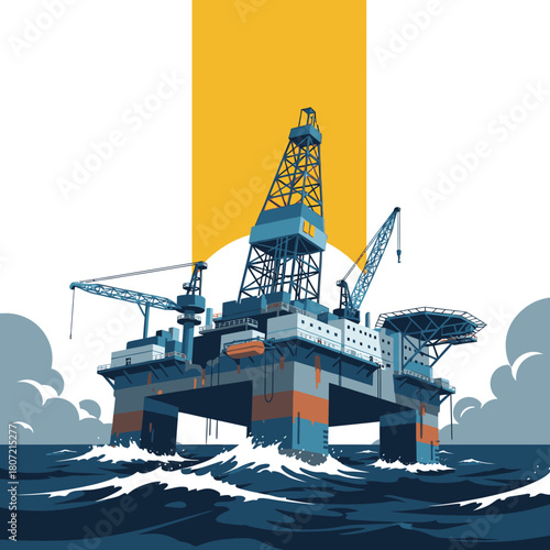 An illustration of an offshore oil rig operating at sea, producing energy with a vibrant sky in the background, showcasing industry.