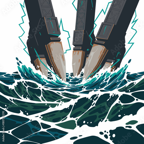 A stylized illustration depicts robotic claws striking ocean waves, creating a splash with electric energy sparking around the metallic appendages.