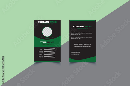 Professional Business ID Card Template – Modern Green Black Corporate Design. Modern Corporate ID Card Template – Professional Green & Black Badge Design. Minimal Clean Employee ID Card.