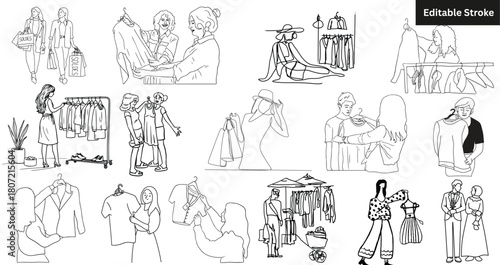 Set of 14 hand-drawn shopping and fashion illustrations. Doodle people buying clothes, retail, and boutique vector set.