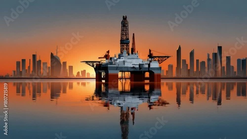 Offshore Rig at Sunset: An impressive offshore oil rig dominates the calm waters, set against a vibrant sunset sky. The scene is completed with an urban skyline in the background.