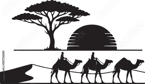 black silhouette of desert caravan on white background, vector
