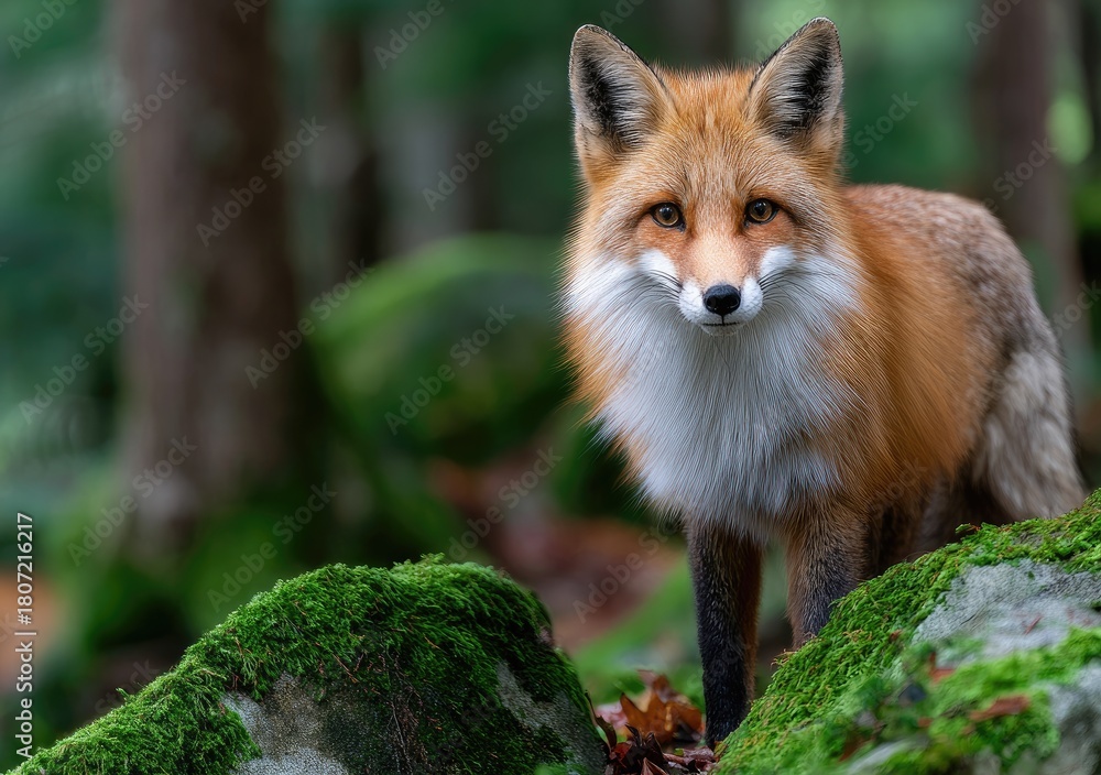 Naklejka premium a fox standing on mossy rocks in the forest, motion capture