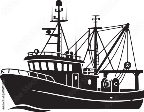 black silhouette of fishing boat on white background, vector