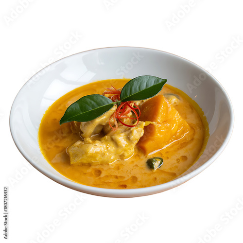 Delicious thai red curry with chicken and vegetables isolated on transparent background