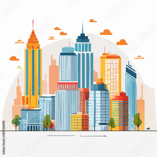 Urban Skyline Modern Cityscape Featuring Diverse Buildings and Architectural Styles Against a Clear Sky