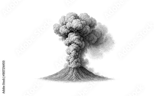 Detailed stipple art of an erupting volcano with smoke cloud