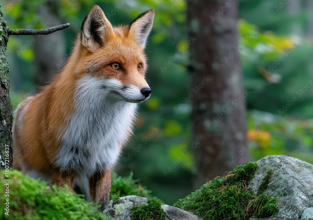 Obraz premium a fox standing on mossy rocks in the forest, motion capture