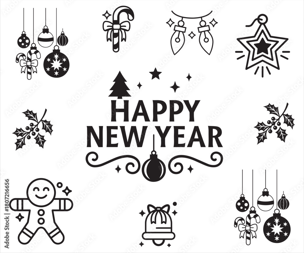 Fototapeta premium Happy New Year Decorative Holiday Icon Set in Black Silhouette Style