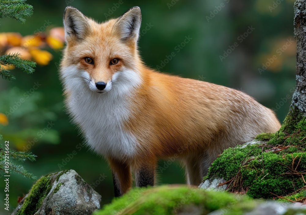 Naklejka premium a fox standing on mossy rocks in the forest, motion capture