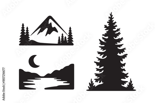 Silhouette nature scenes with mountains trees and moonlit river
