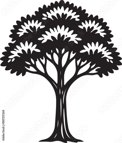 black silhouette of lone tree on white background, vector