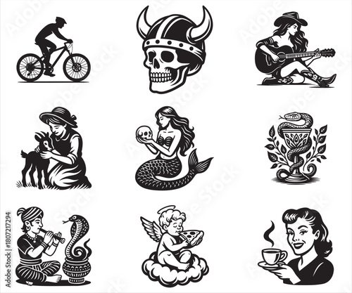Lifestyle Fantasy Musical and Vintage Icon Set in Black Silhouette Style