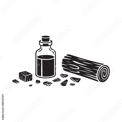 Sandalwood oil bottle with wood and shavings illustration