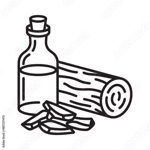 Sandalwood oil bottle with wood pieces and log